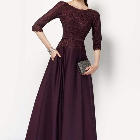Alyce Paris Quarter Sleeved Bateau Neckline Crepe Lace A-Line Dress 27099 - Picture 3 of 9